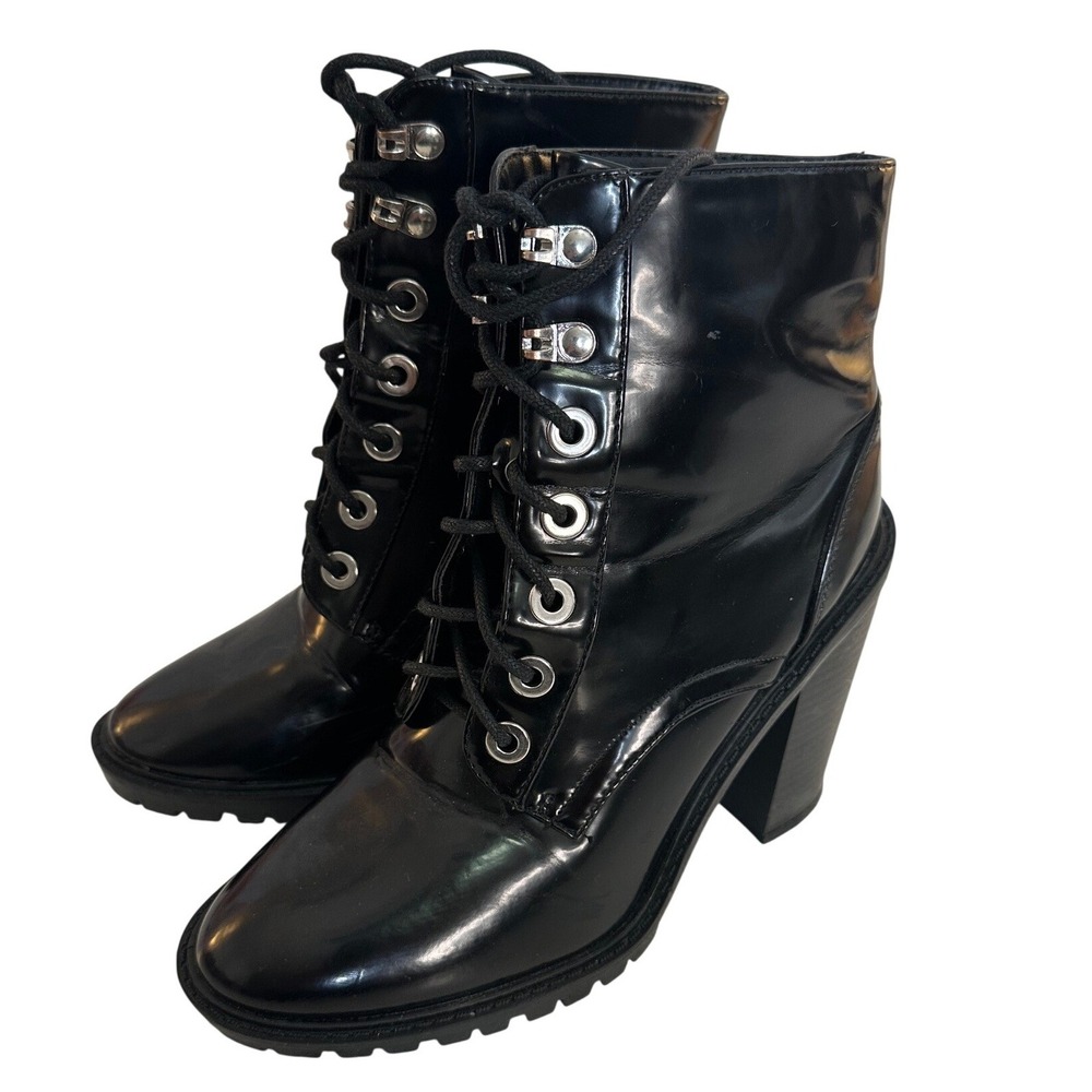 Boutique Women's Black Patent Lace Up Chunky Lug Sole Ankle Boots Size 6